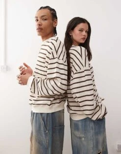 Reclaimed Vintage Unisex Waffle Textured Sweat In Cream And Brown Stripe For Unisex