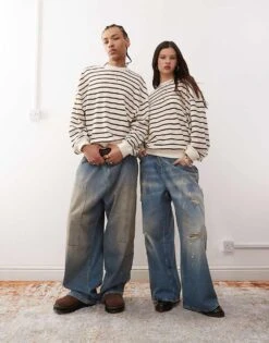 Reclaimed Vintage Unisex Waffle Textured Sweat In Cream And Brown Stripe For Unisex -Fit Outfits Store 208284914 4