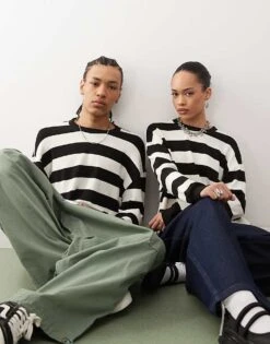 Reclaimed Vintage Unisex Crew Neck Long Sleeve T Shirt In Mono Stripe For Men