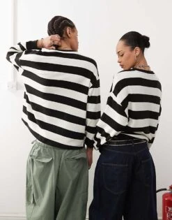 Reclaimed Vintage Unisex Crew Neck Long Sleeve T Shirt In Mono Stripe For Men -Fit Outfits Store 208293805 3