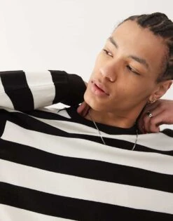 Reclaimed Vintage Unisex Crew Neck Long Sleeve T Shirt In Mono Stripe For Men -Fit Outfits Store 208293805 4