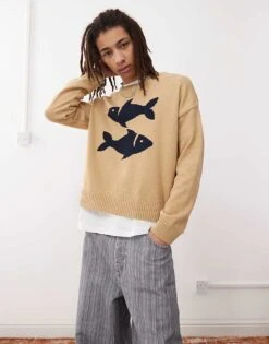 Reclaimed Vintage Crew Neck Knitted Jumper With Fisherman Print In Beige For Men -Fit Outfits Store 208297619 1 beige 1