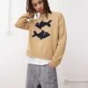 Reclaimed Vintage Crew Neck Knitted Jumper With Fisherman Print In Beige For Men