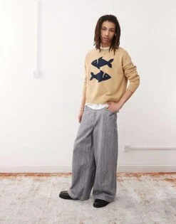 Reclaimed Vintage Crew Neck Knitted Jumper With Fisherman Print In Beige For Men -Fit Outfits Store 208297619 3