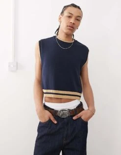 Reclaimed Vintage Knitted Vest With Stripe Details In Navy For Men -Fit Outfits Store 208297658 1 navy 1