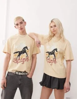 Reclaimed Vintage Unisex Oversized T-shirt With Western Horse Graphic In Buttermilk For Unisex Sand
